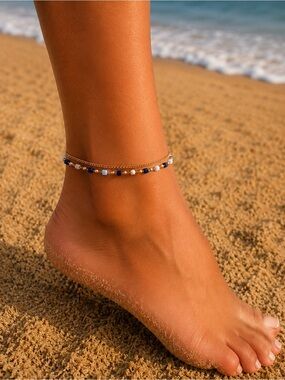 Blue & White Beaded Anklet Gold-Tone Layered Anklet Beach Ankle Bracelet Summer
